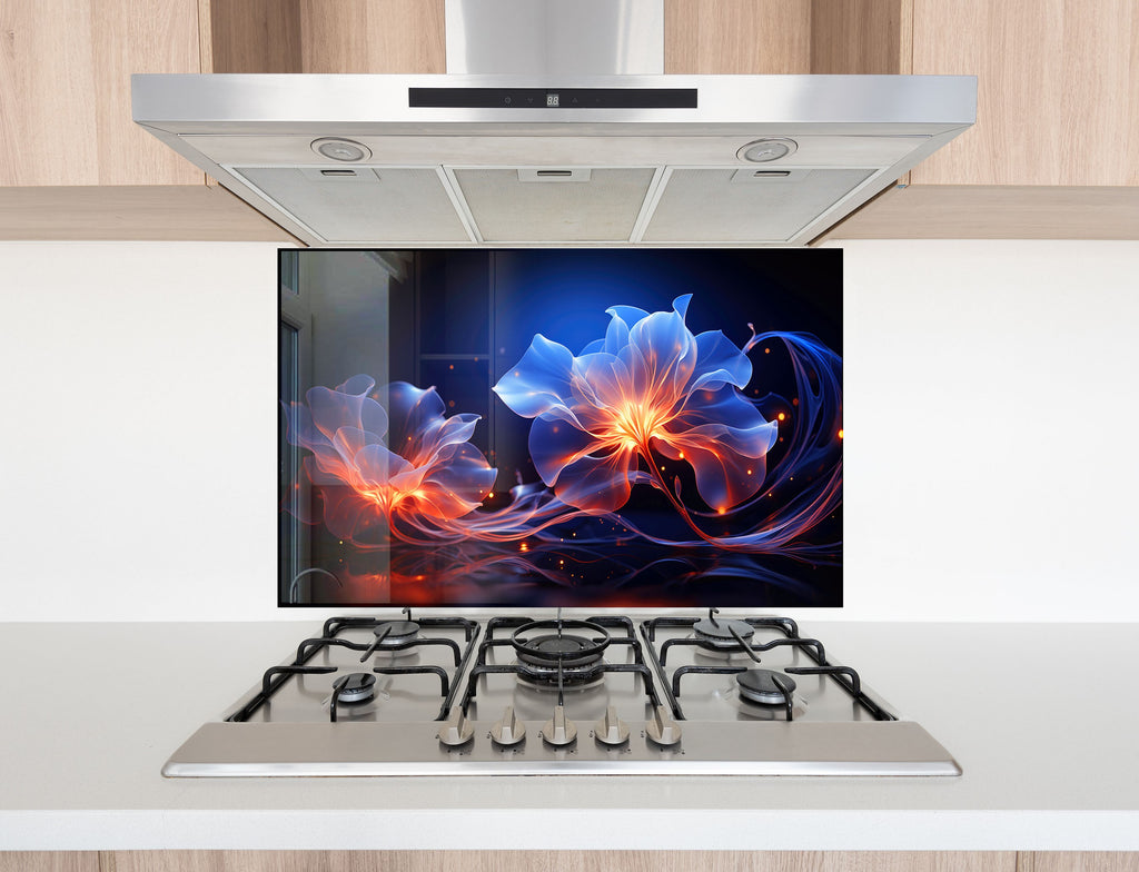 Glowing Neon Floral Art - Glass Kitchen Backsplash-BacksplashArtworks