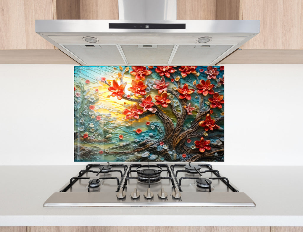 Blossoming Sunrise Tree - Glass Kitchen Backsplash-BacksplashArtworks
