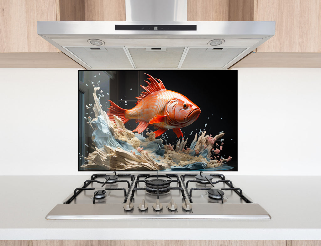 Golden Fish – Glass Kitchen Backsplash-BacksplashArtworks