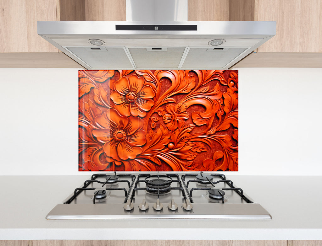 Fiery Floral Engraving - Glass Kitchen Backsplash-BacksplashArtworks
