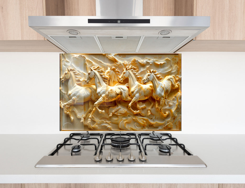 Golden Stallion Majesty - Embossed Glass Kitchen Backsplash-BacksplashArtworks