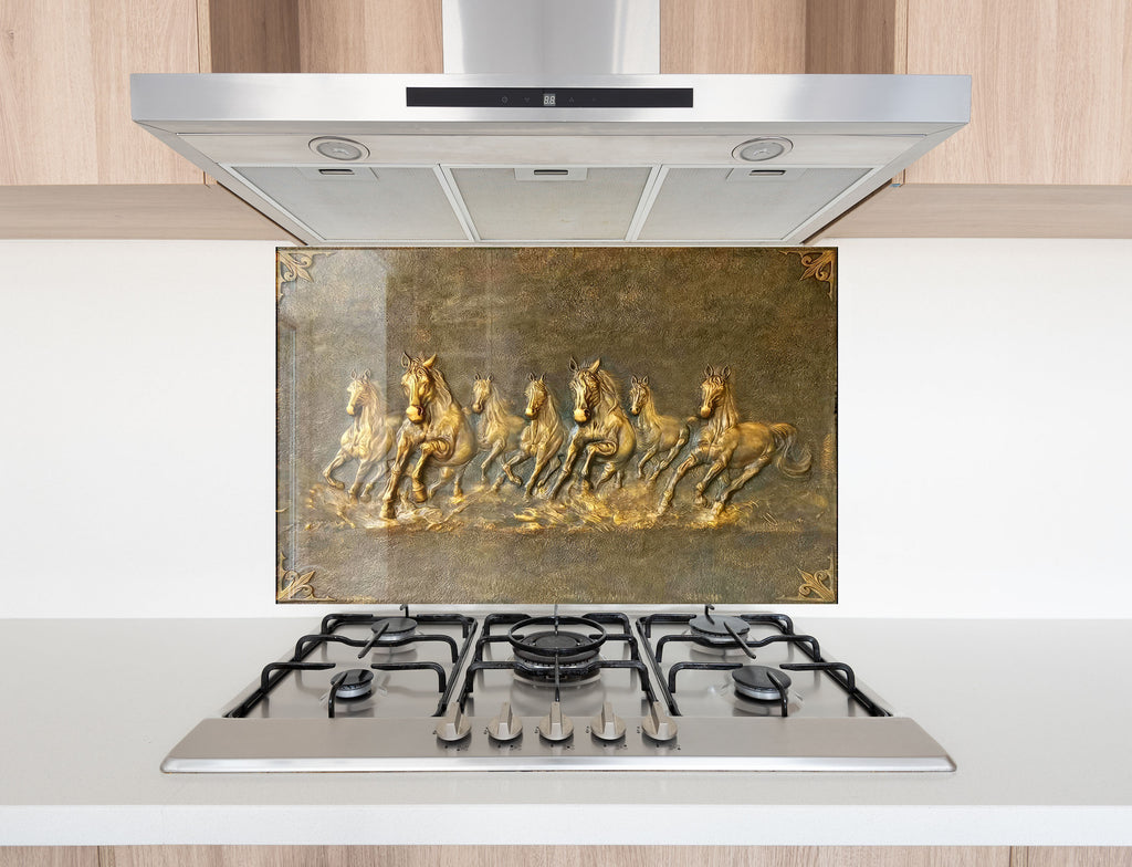 Golden Horses - Glass Kitchen Backsplash-BacksplashArtworks