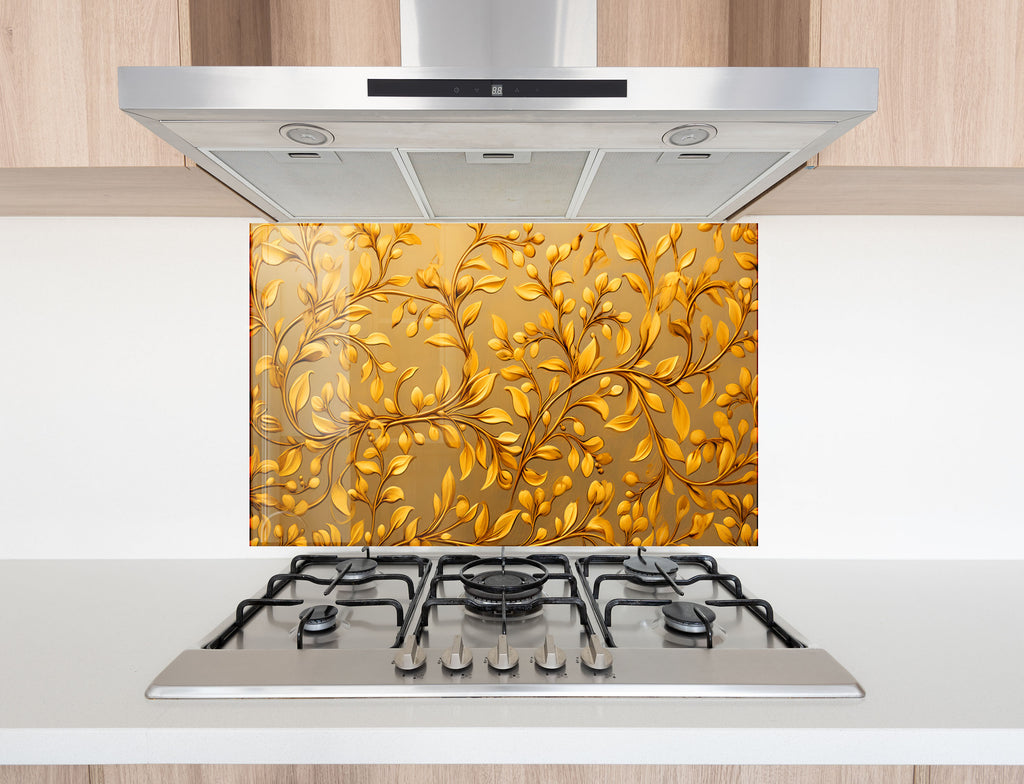 Golden Vine Elegance - Glass Kitchen Backsplash-BacksplashArtworks