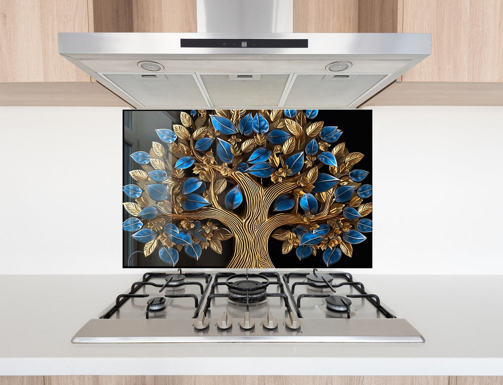 Golden Sapphire Tree - Glass Kitchen Backsplash-BacksplashArtworks