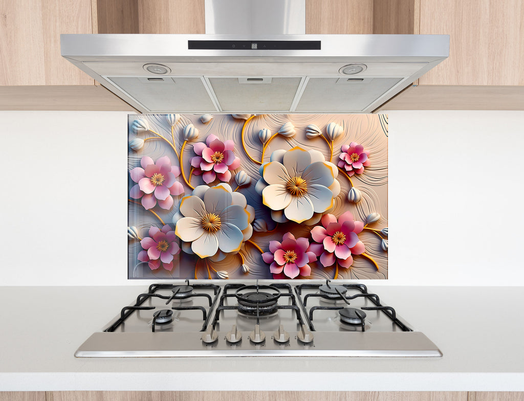 Soft Bloom Elegance - Glass Kitchen Backsplash-BacksplashArtworks