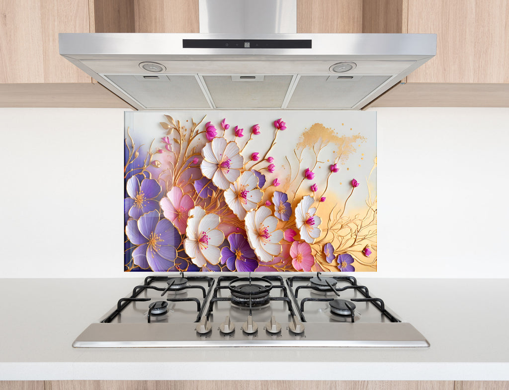Golden Blossom Elegance - Glass Kitchen Backsplash-BacksplashArtworks