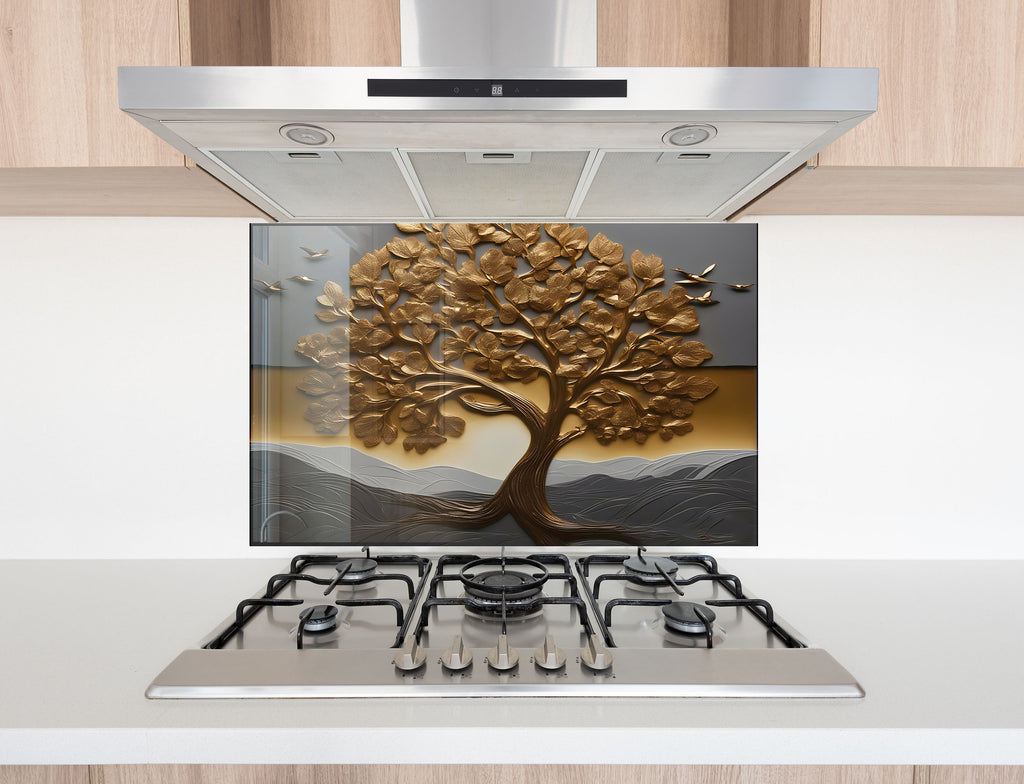Golden Tree of Life - Glass Kitchen Backsplash-BacksplashArtworks