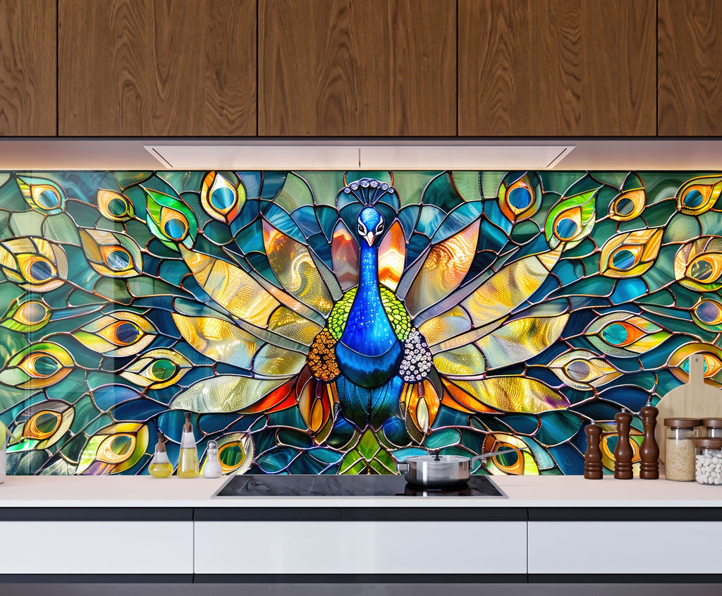 Stained Glass Peacock – Glass Kitchen Backsplash-BacksplashArtworks