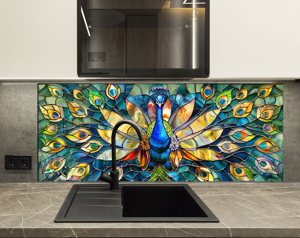 Stained Glass Peacock – Glass Kitchen Backsplash-BacksplashArtworks