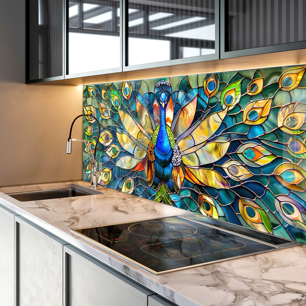 Stained Glass Peacock – Glass Kitchen Backsplash-BacksplashArtworks