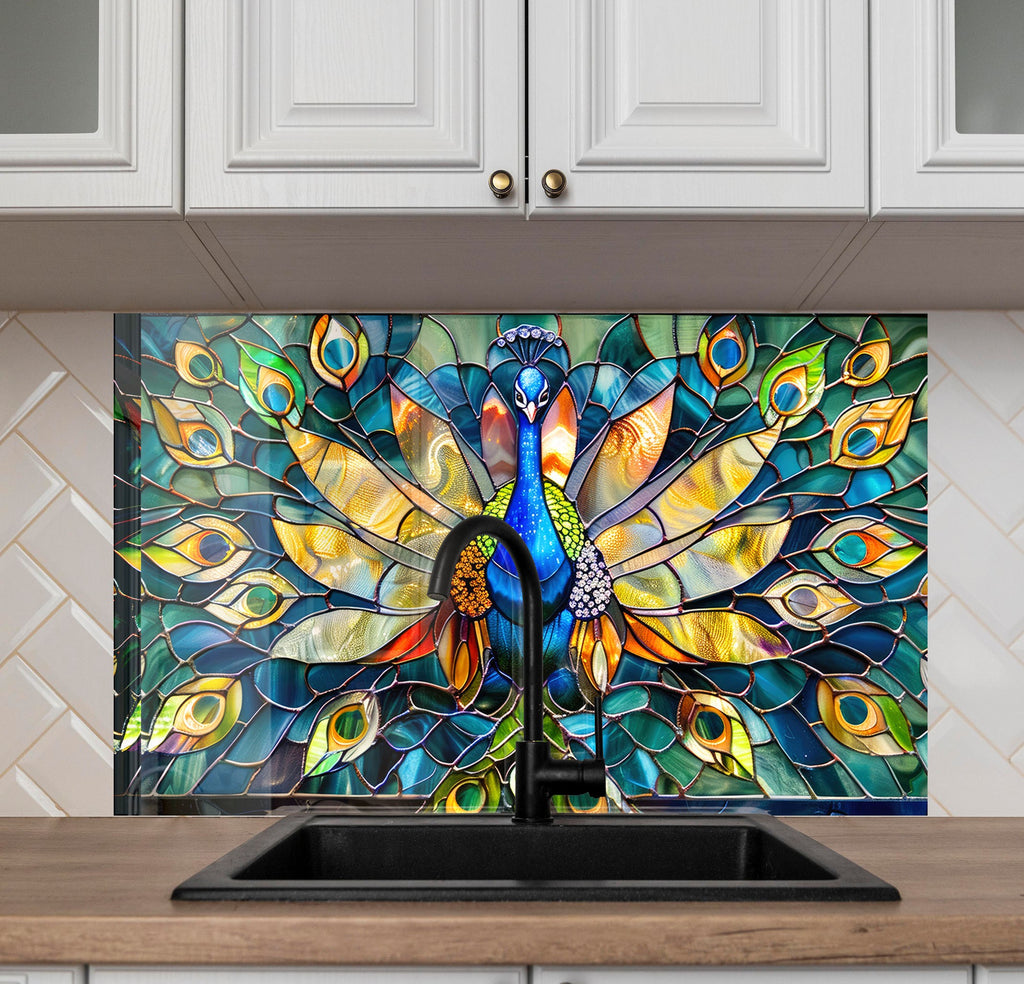 Stained Glass Peacock – Glass Kitchen Backsplash-BacksplashArtworks