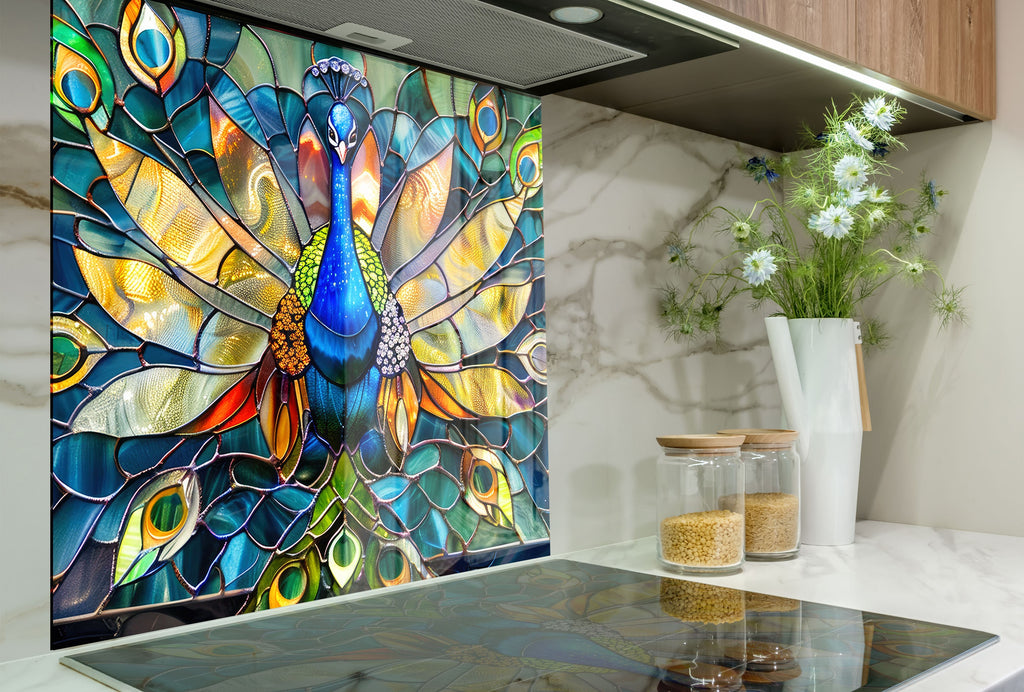 Stained Glass Peacock – Glass Kitchen Backsplash-BacksplashArtworks