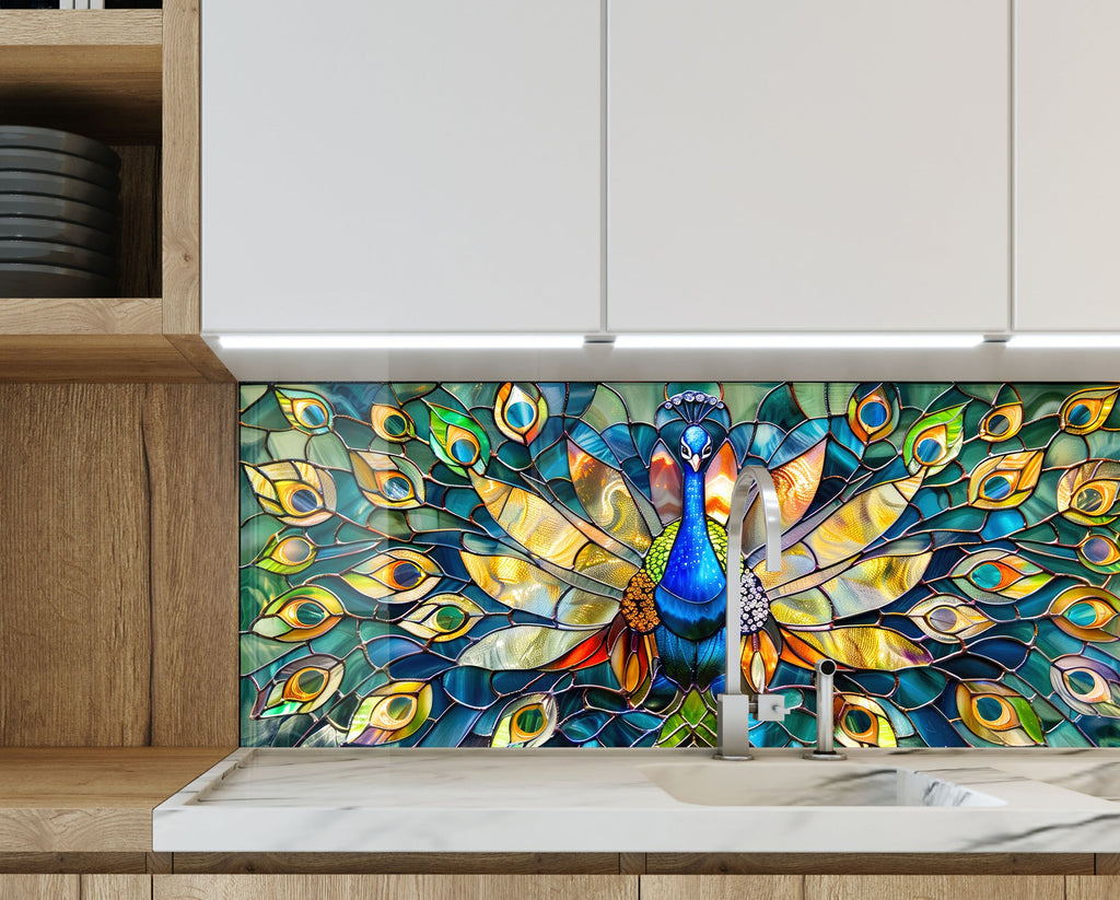 Stained Glass Peacock – Glass Kitchen Backsplash-BacksplashArtworks