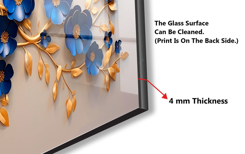 Golden Sapphire Blossom - Glass Kitchen Backsplash-BacksplashArtworks