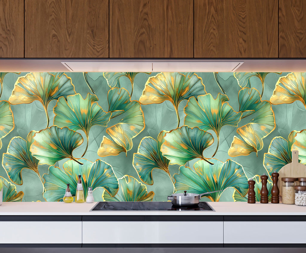 Golden Ginkgo Leaves - Glass Kitchen Backsplash-BacksplashArtworks