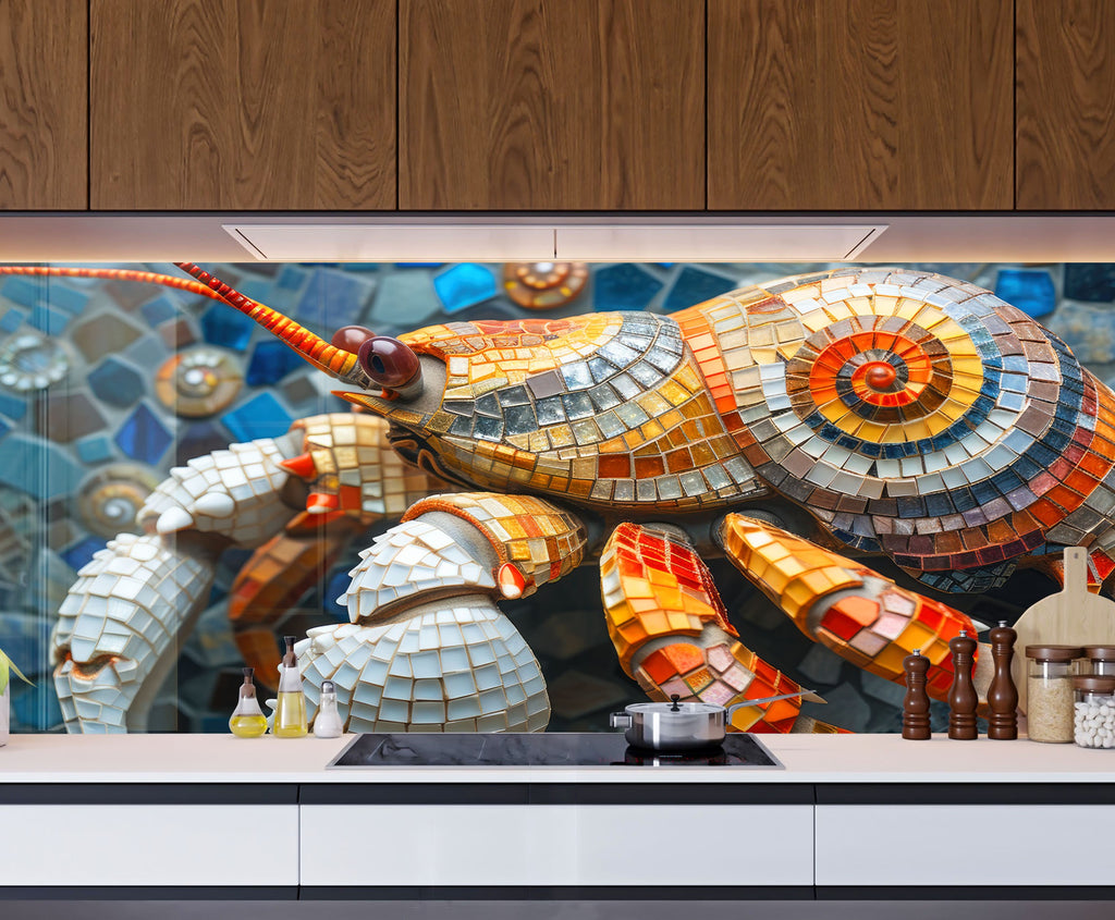Mosaic Tempered Glass Kitchen Backsplash with Colorful Crab Design-BacksplashArtworks