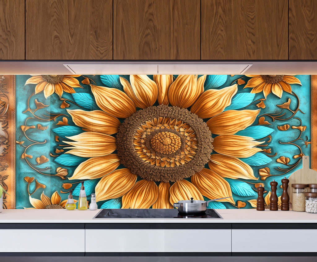 Rustic Sunflower Charm - Glass Kitchen Backsplash-BacksplashArtworks