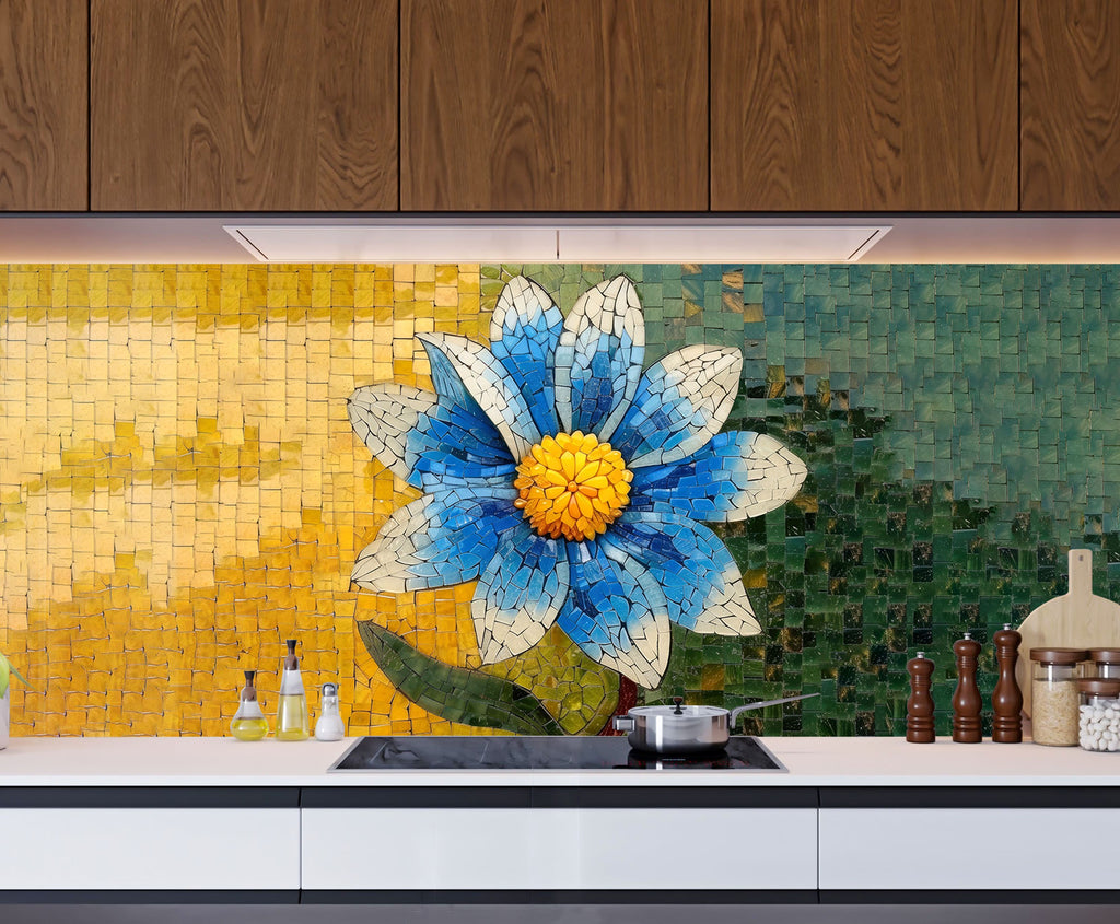 Mosaic Blue Blossom - Glass Kitchen Backsplash-BacksplashArtworks