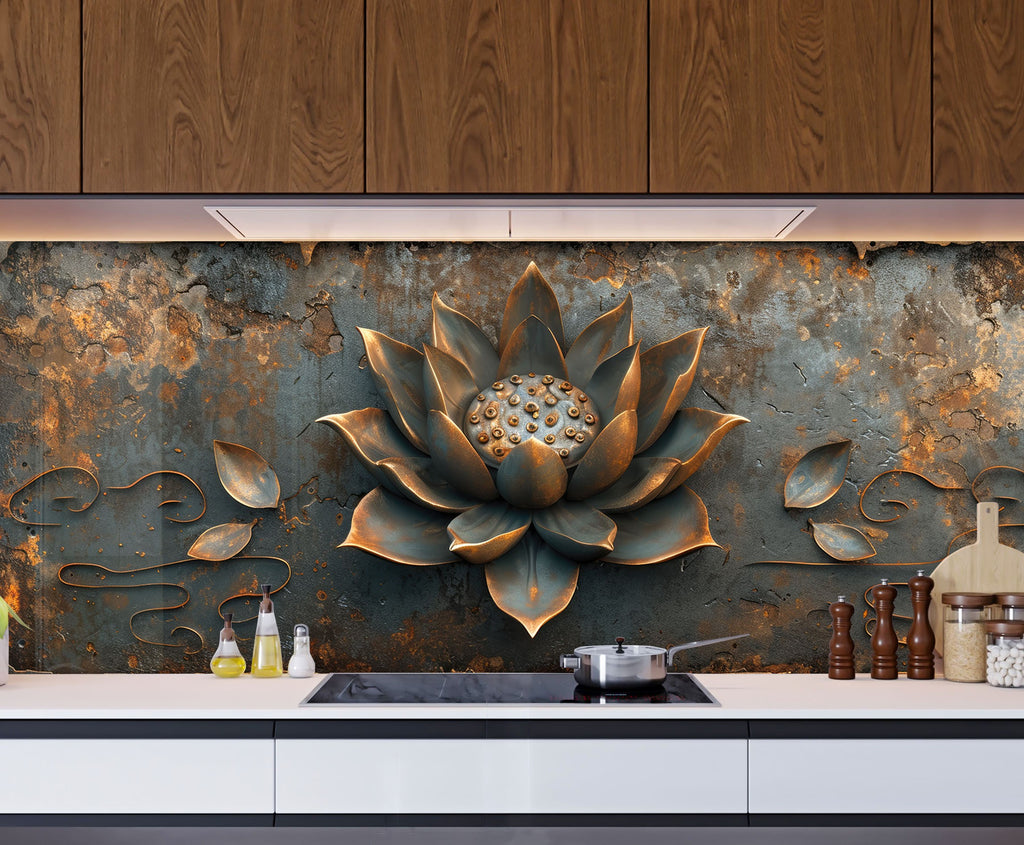 Rustic Lotus Blossom - Glass Kitchen Backsplash-BacksplashArtworks