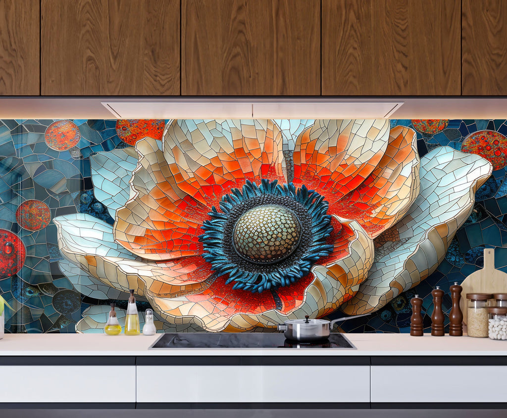 Mosaic Poppy Flower Art - Glass Kitchen Backsplash-BacksplashArtworks