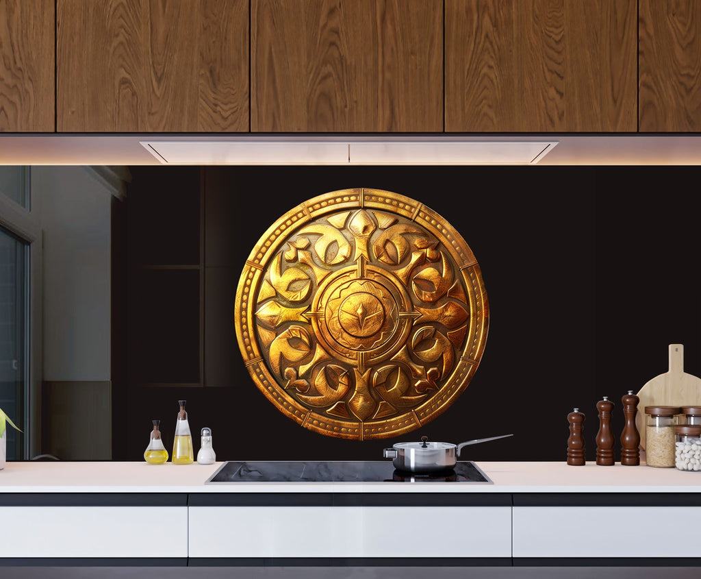 Golden Medallion - Glass Kitchen Backsplash-BacksplashArtworks