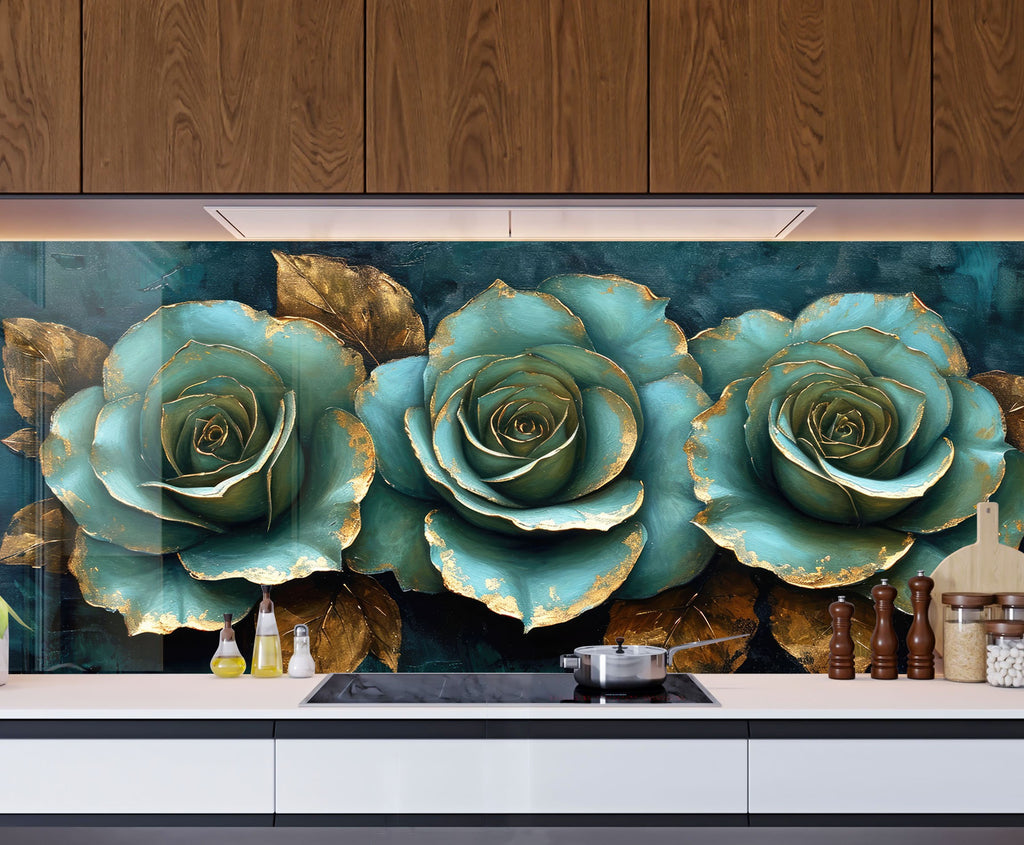 Golden Teal Roses - Glass Kitchen Backsplash-BacksplashArtworks