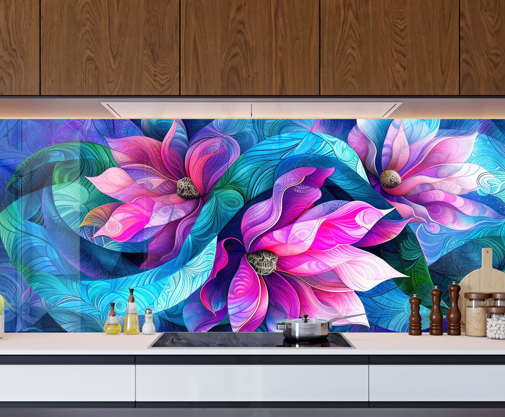 Vibrant Floral Harmony - Glass Kitchen Backsplash-BacksplashArtworks