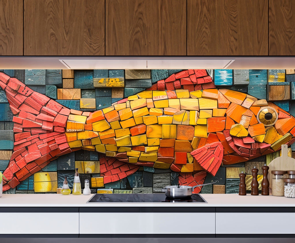 Vibrant Fish Mosaic Glass Kitchen Backsplash with Bold Color Design-BacksplashArtworks