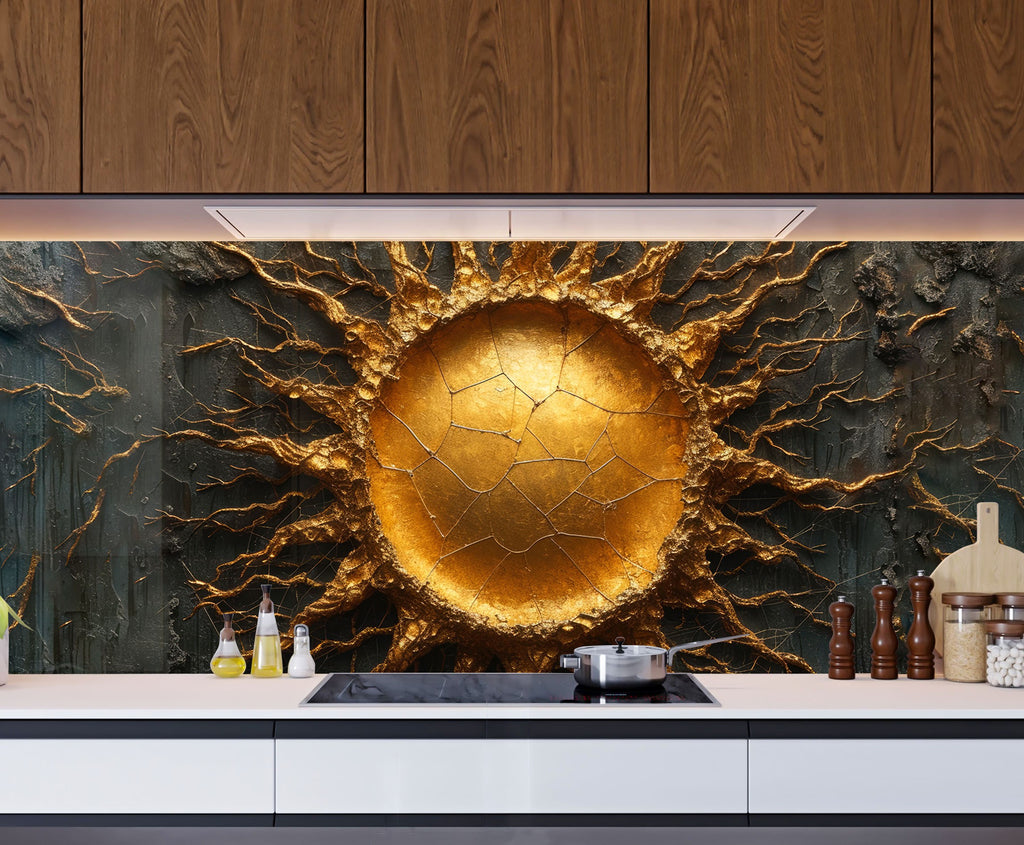 Golden Sunburst - Glass Kitchen Backsplash-BacksplashArtworks