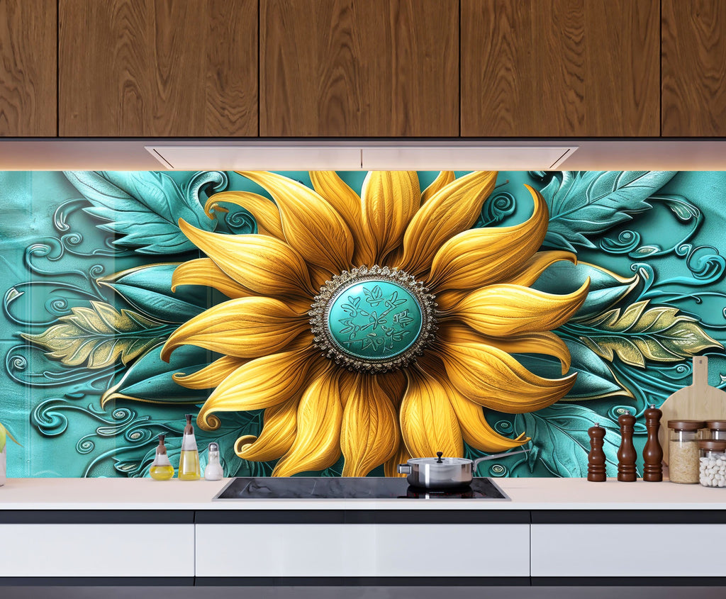 Golden Sunflower Elegance - Glass Kitchen Backsplash-BacksplashArtworks