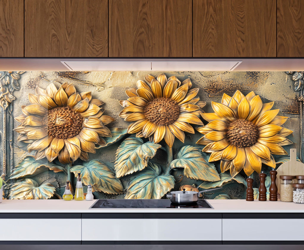 Vintage Sunflower Bloom - Glass Kitchen Backsplash-BacksplashArtworks