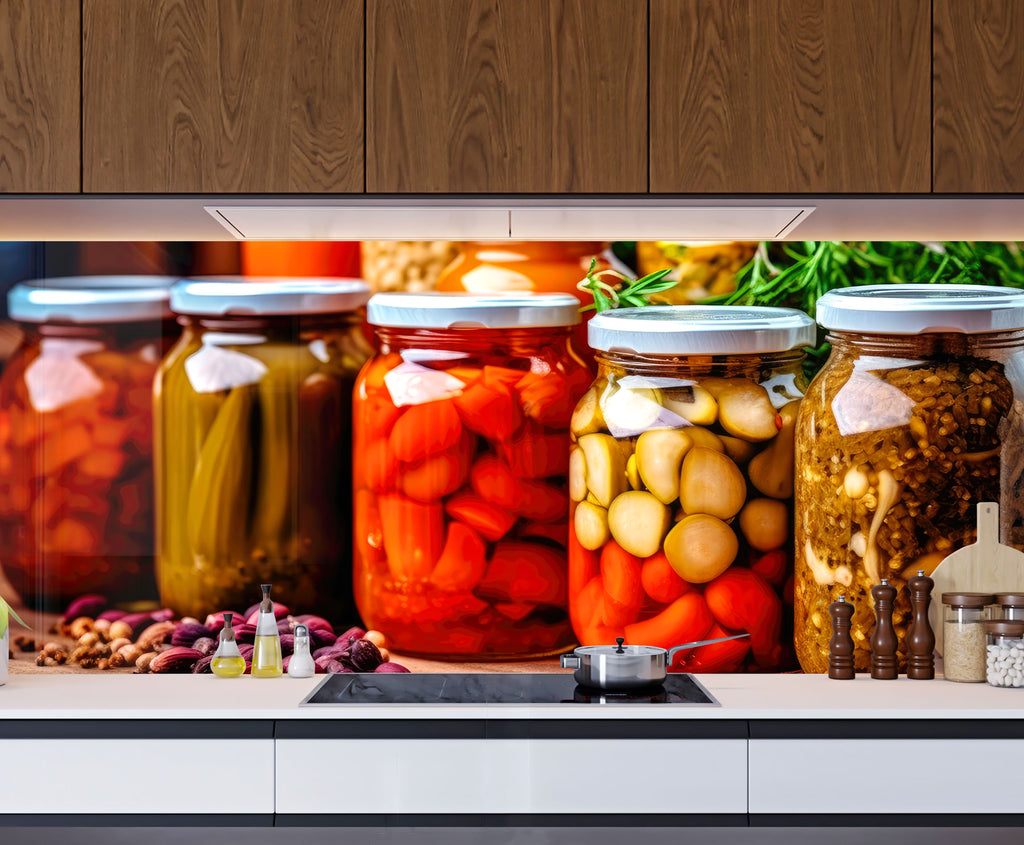 Rustic Pickled Pantry – Glass Kitchen Backsplash-BacksplashArtworks