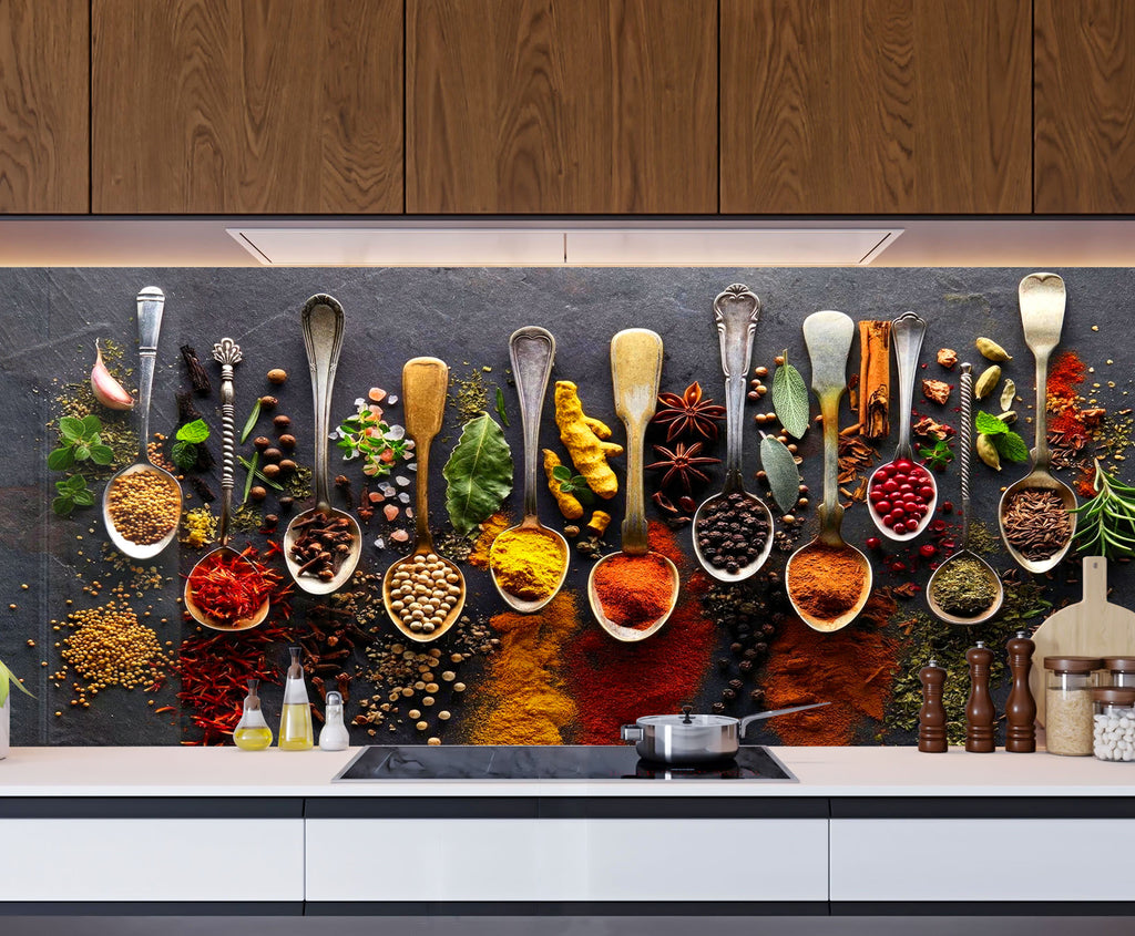 Vintage Spice Elegance - Tempered Glass Kitchen Backsplash-BacksplashArtworks