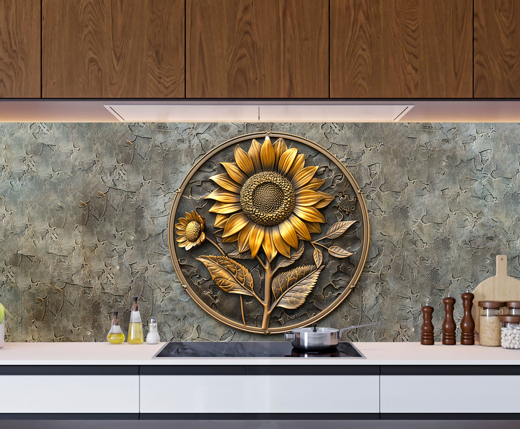 Rustic Sunflower Emblem - Glass Kitchen Backsplash-BacksplashArtworks