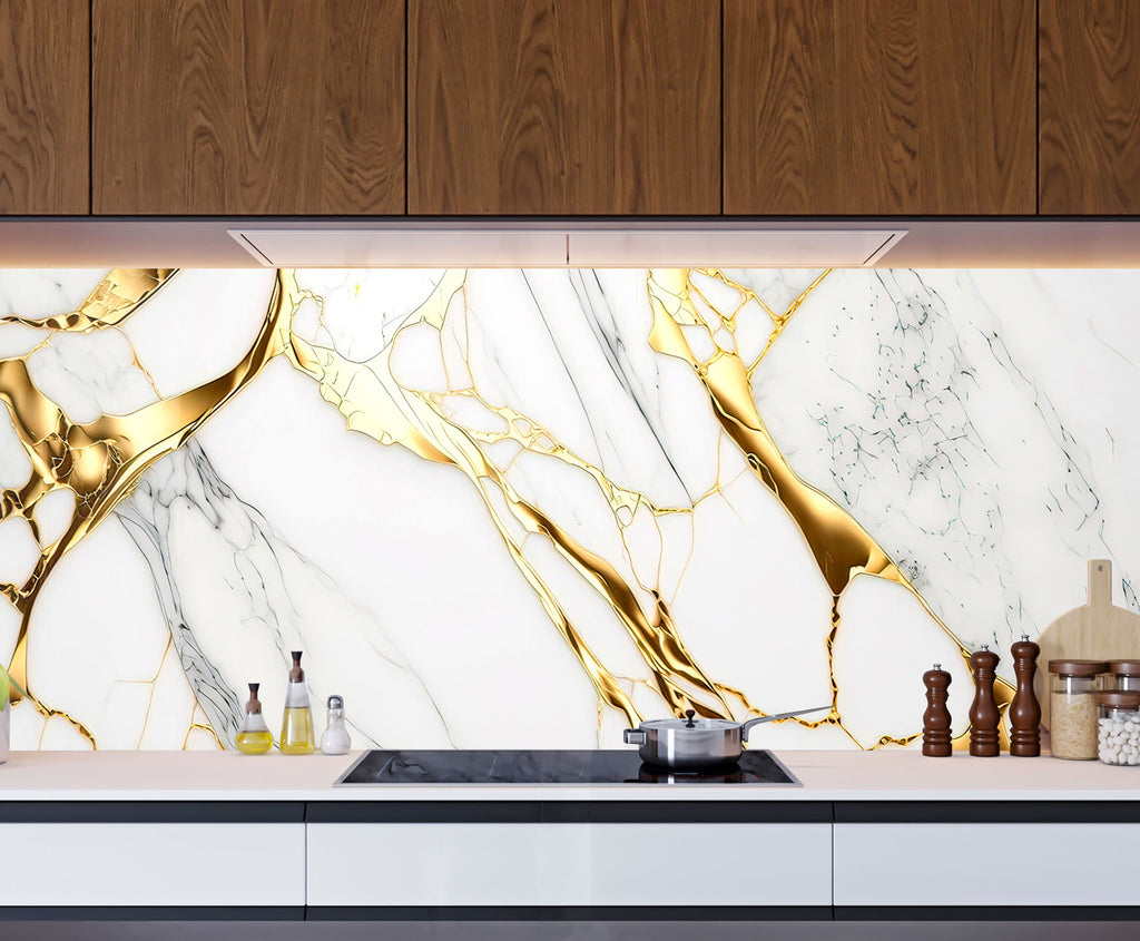 White & Gold Marble Elegance - Glass Kitchen Backsplash-BacksplashArtworks