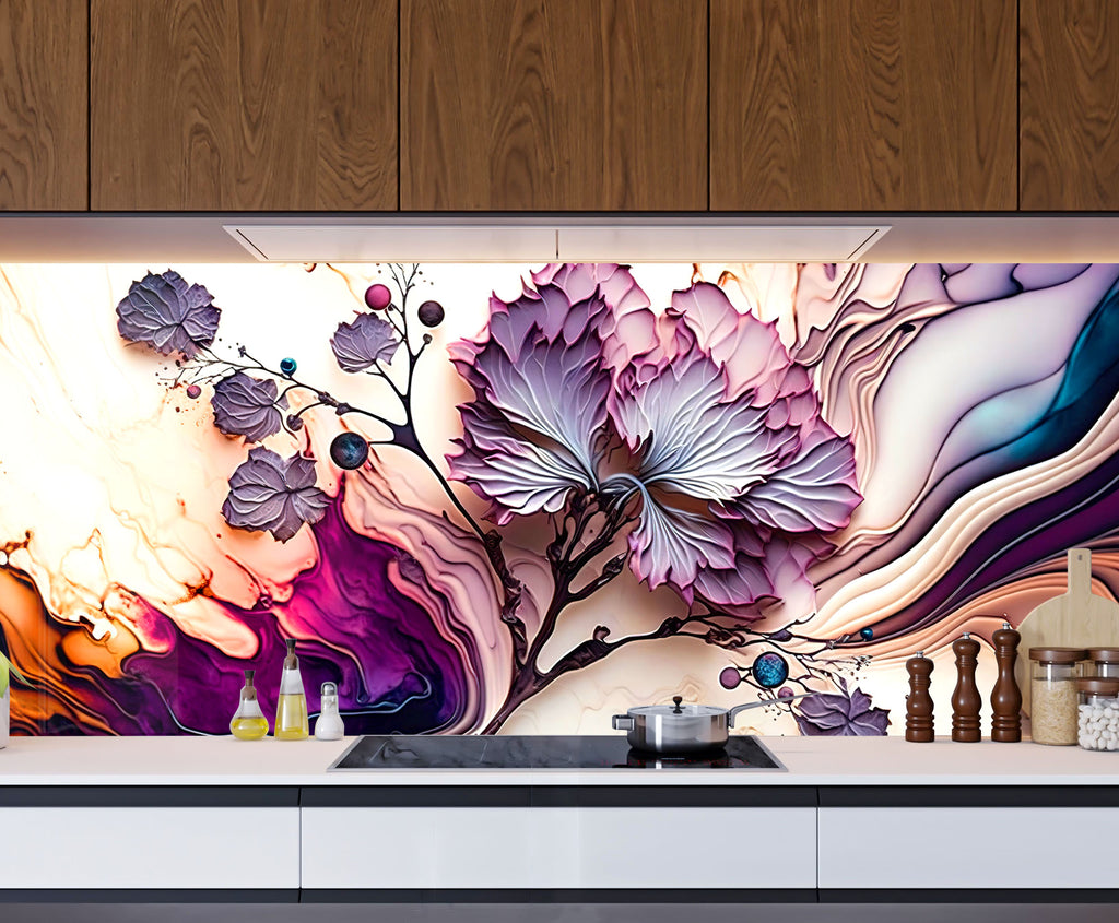 Mystic Floral Swirl - Glass Kitchen Backsplash-BacksplashArtworks
