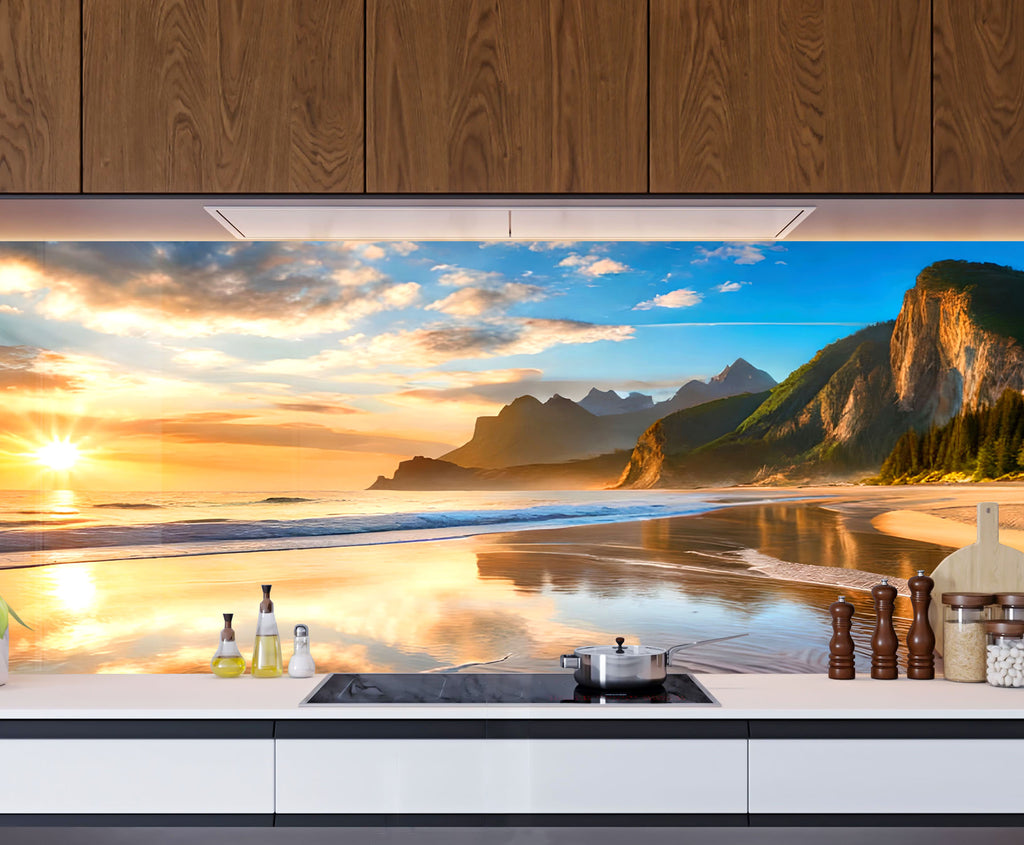 Majestic Mountain Beach Sunset Wall Art – Tempered Glass Kitchen Backsplash-BacksplashArtworks
