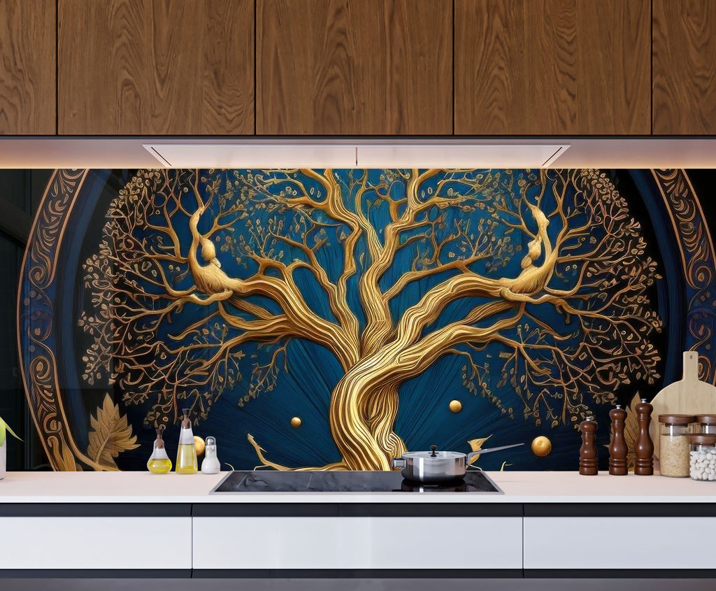 Golden Tree of Life - Tempered Glass Kitchen Backsplash-BacksplashArtworks