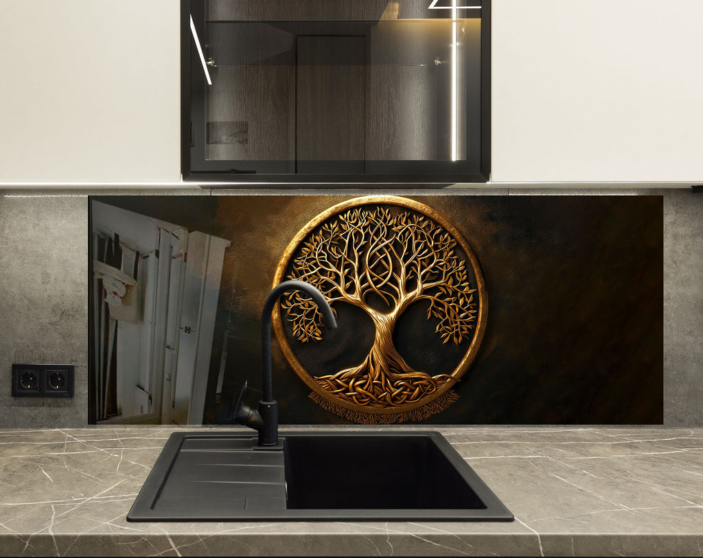 Gold & Brown Tree of Life - Glass Kitchen Backsplash-BacksplashArtworks