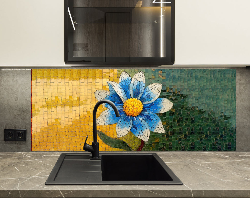 Mosaic Blue Blossom - Glass Kitchen Backsplash-BacksplashArtworks