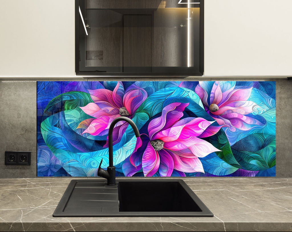 Vibrant Floral Harmony - Glass Kitchen Backsplash-BacksplashArtworks