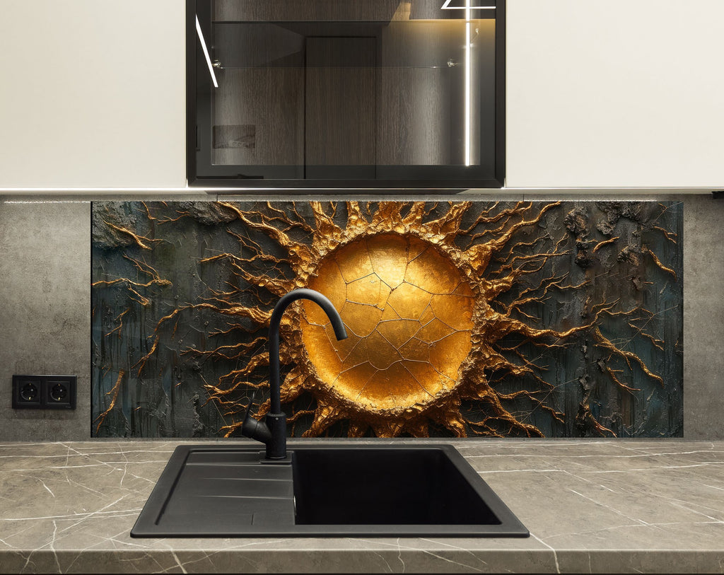 Golden Sunburst - Glass Kitchen Backsplash-BacksplashArtworks
