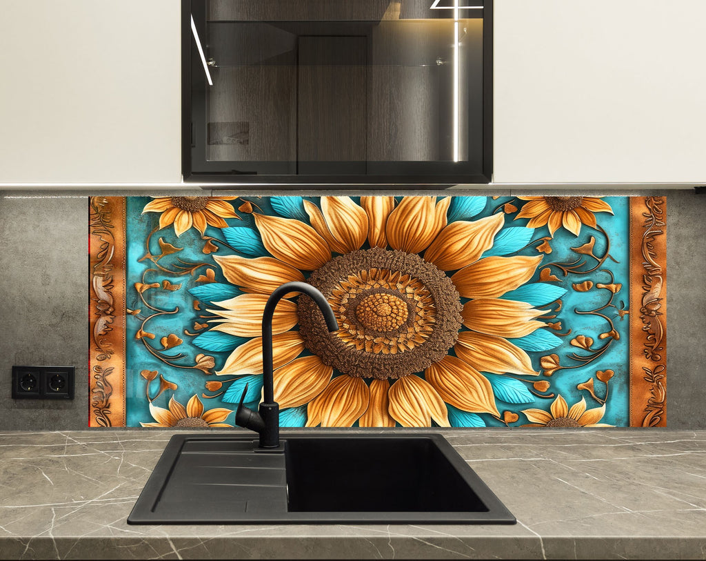 Rustic Sunflower Charm - Glass Kitchen Backsplash-BacksplashArtworks