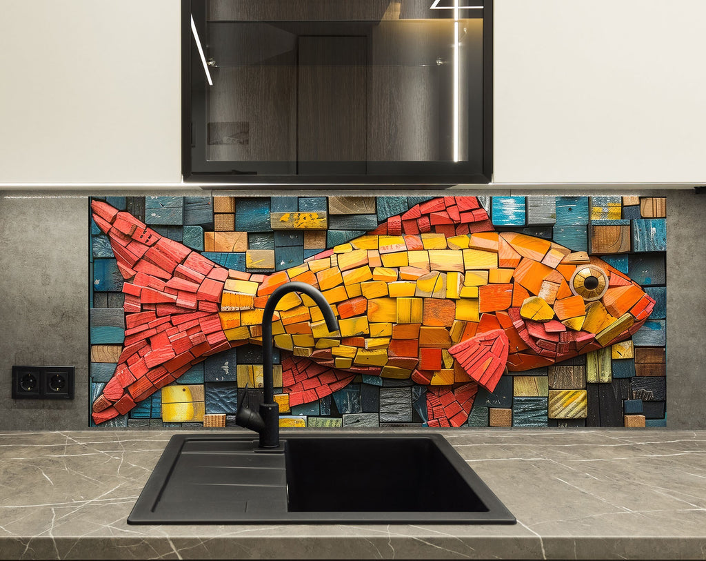 Vibrant Fish Mosaic Glass Kitchen Backsplash with Bold Color Design-BacksplashArtworks