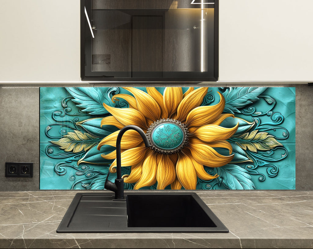 Golden Sunflower Elegance - Glass Kitchen Backsplash-BacksplashArtworks