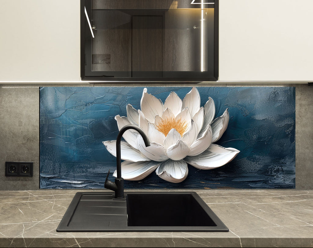 Serene Lotus Blossom - Glass Kitchen Backsplash-BacksplashArtworks