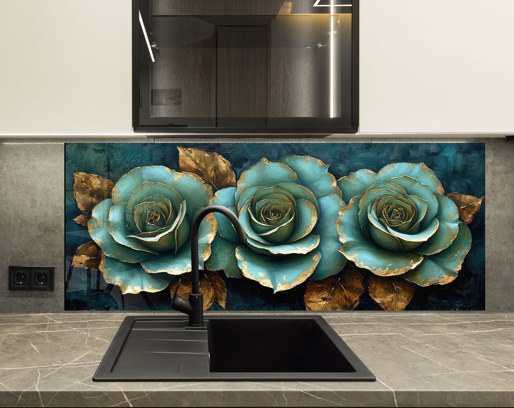 Golden Teal Roses - Glass Kitchen Backsplash-BacksplashArtworks