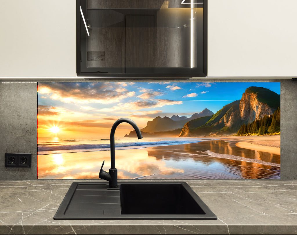 Majestic Mountain Beach Sunset Wall Art – Tempered Glass Kitchen Backsplash-BacksplashArtworks