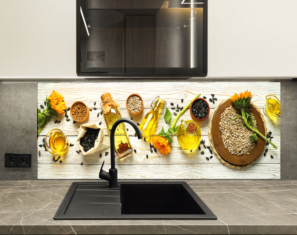 Sunflower Oil Harvest – Glass Kitchen Backsplash-BacksplashArtworks
