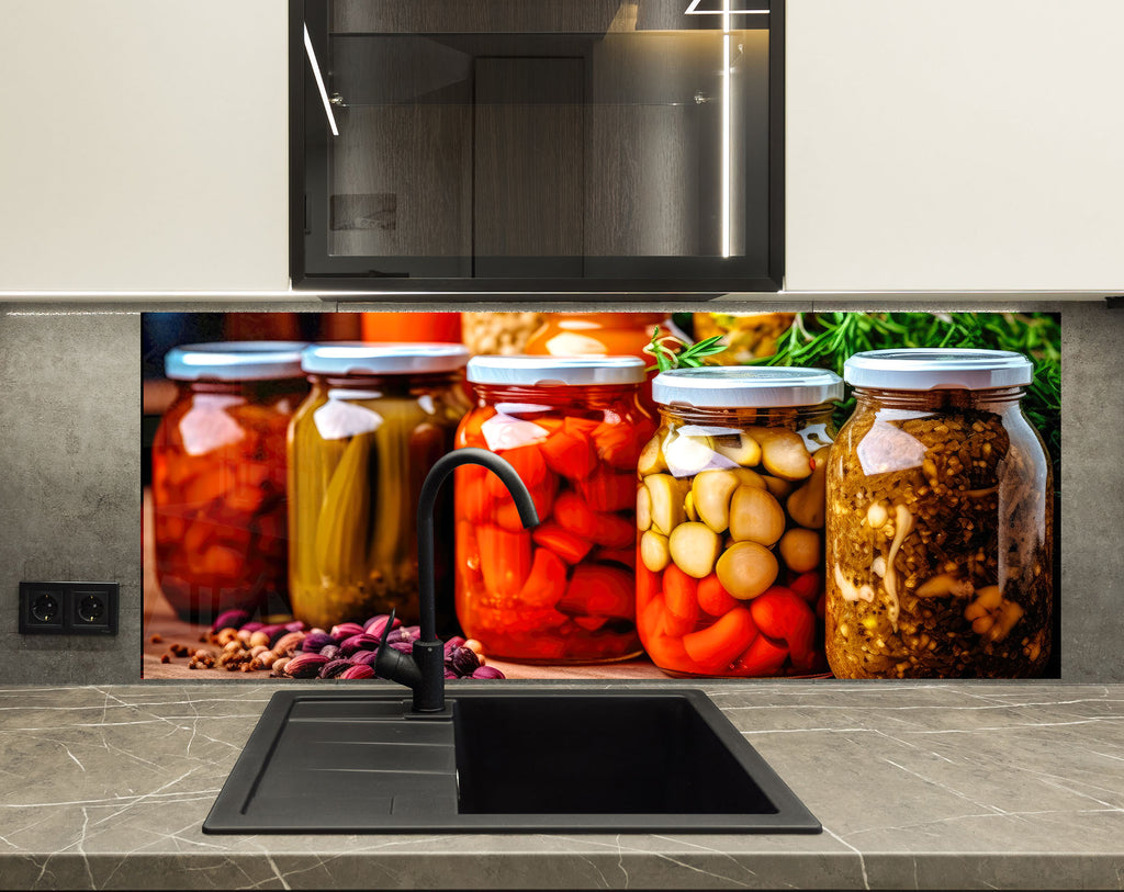 Rustic Pickled Pantry – Glass Kitchen Backsplash-BacksplashArtworks